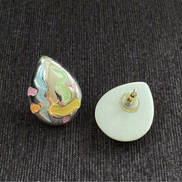 80s Tear drop Silver Tone Fun Pastel Geometric Shape Earrings - Picture 3 of 6
